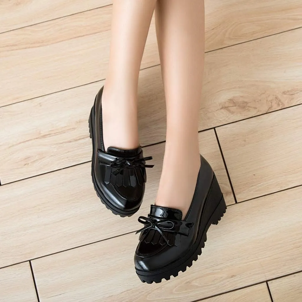 MIOKE Women's Platform Tassel Oxford Shoes Slip On Comfortable Chunky High Heel Fringed Dress Wedge Shoe