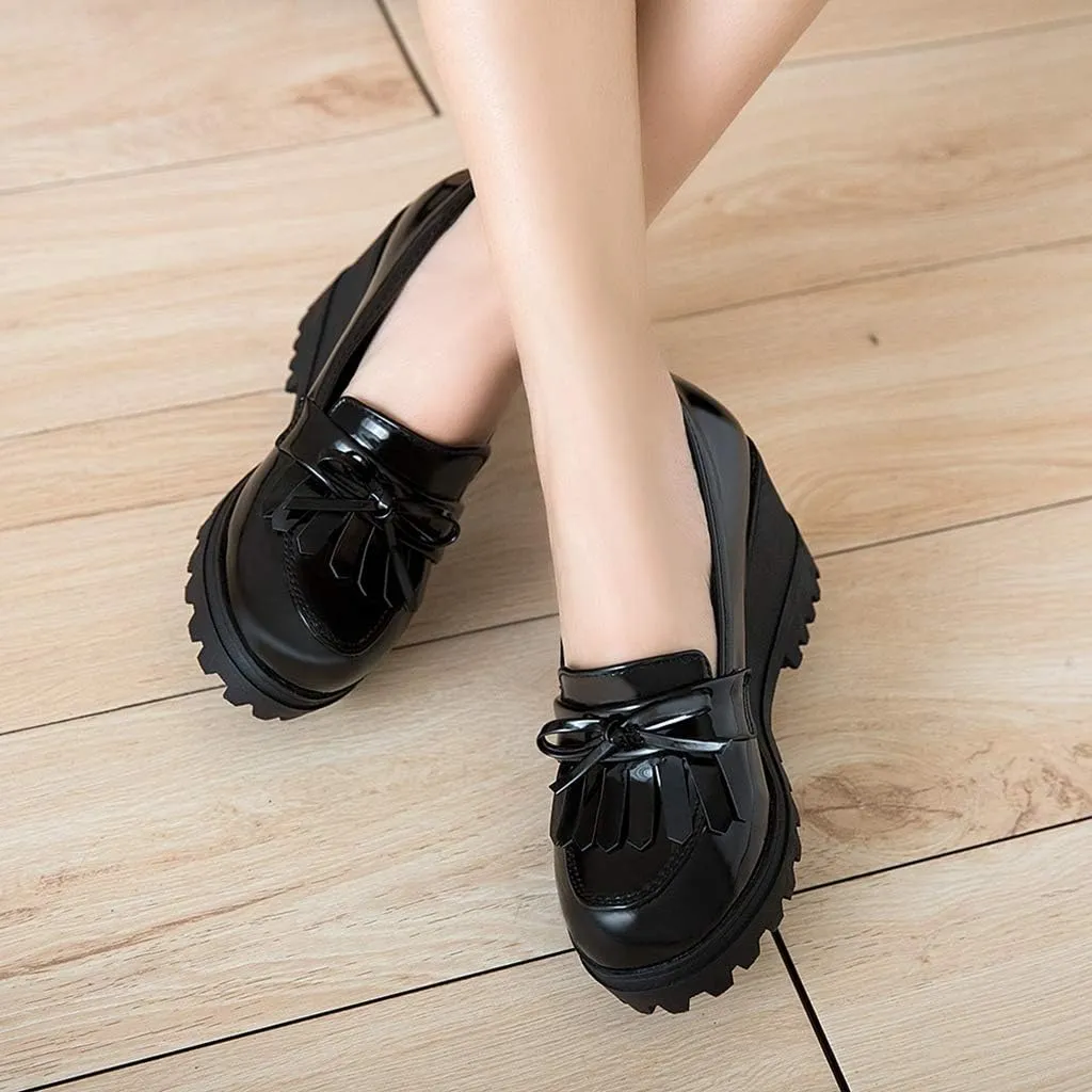 MIOKE Women's Platform Tassel Oxford Shoes Slip On Comfortable Chunky High Heel Fringed Dress Wedge Shoe