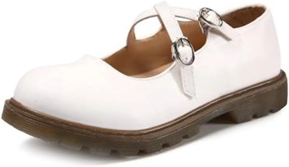 MIOKE Women's Retro Mary Jane Oxford Pumps Round Toe Buckle Cross Strap Comfy Chunky Low Heel Dress Shoes