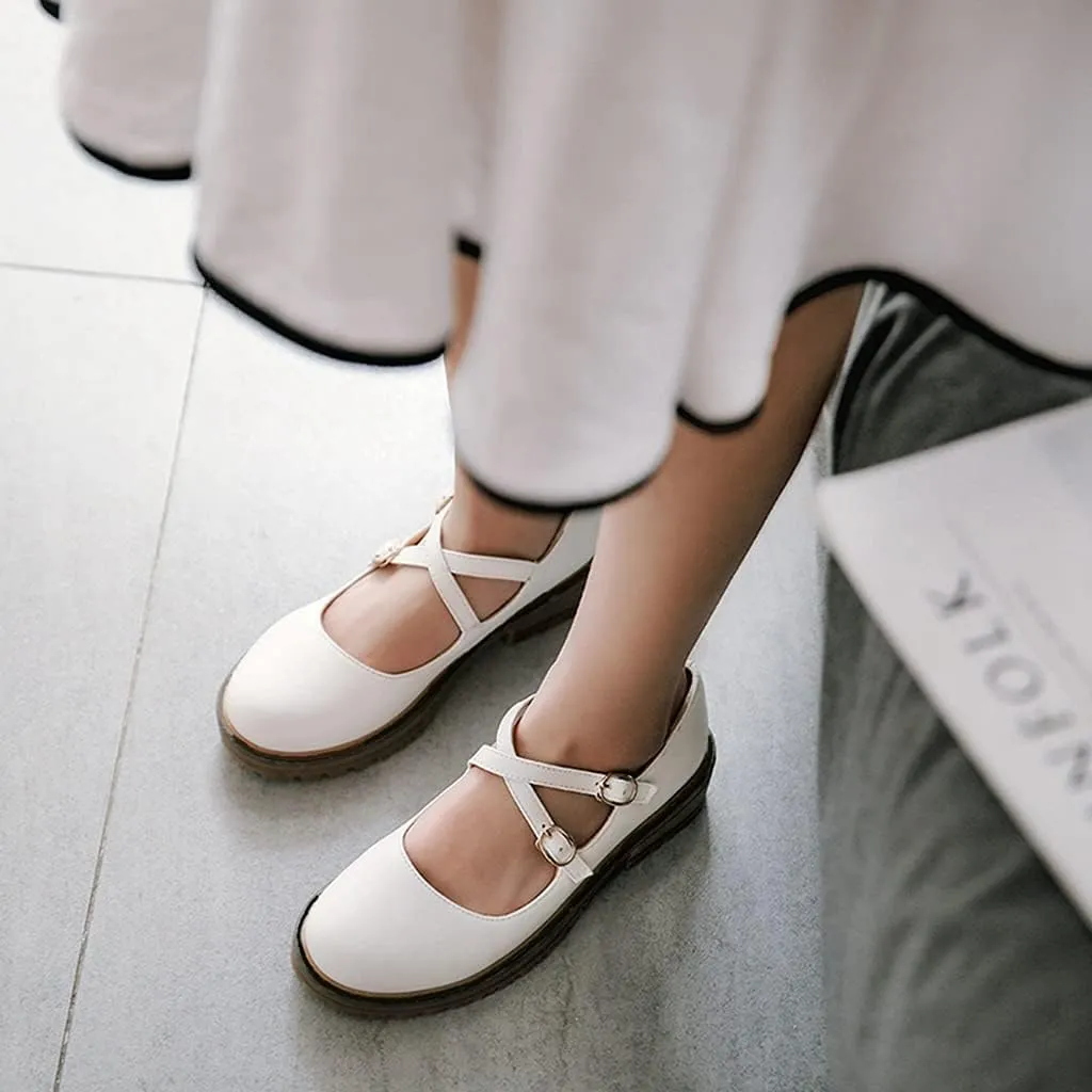 MIOKE Women's Retro Mary Jane Oxford Pumps Round Toe Buckle Cross Strap Comfy Chunky Low Heel Dress Shoes