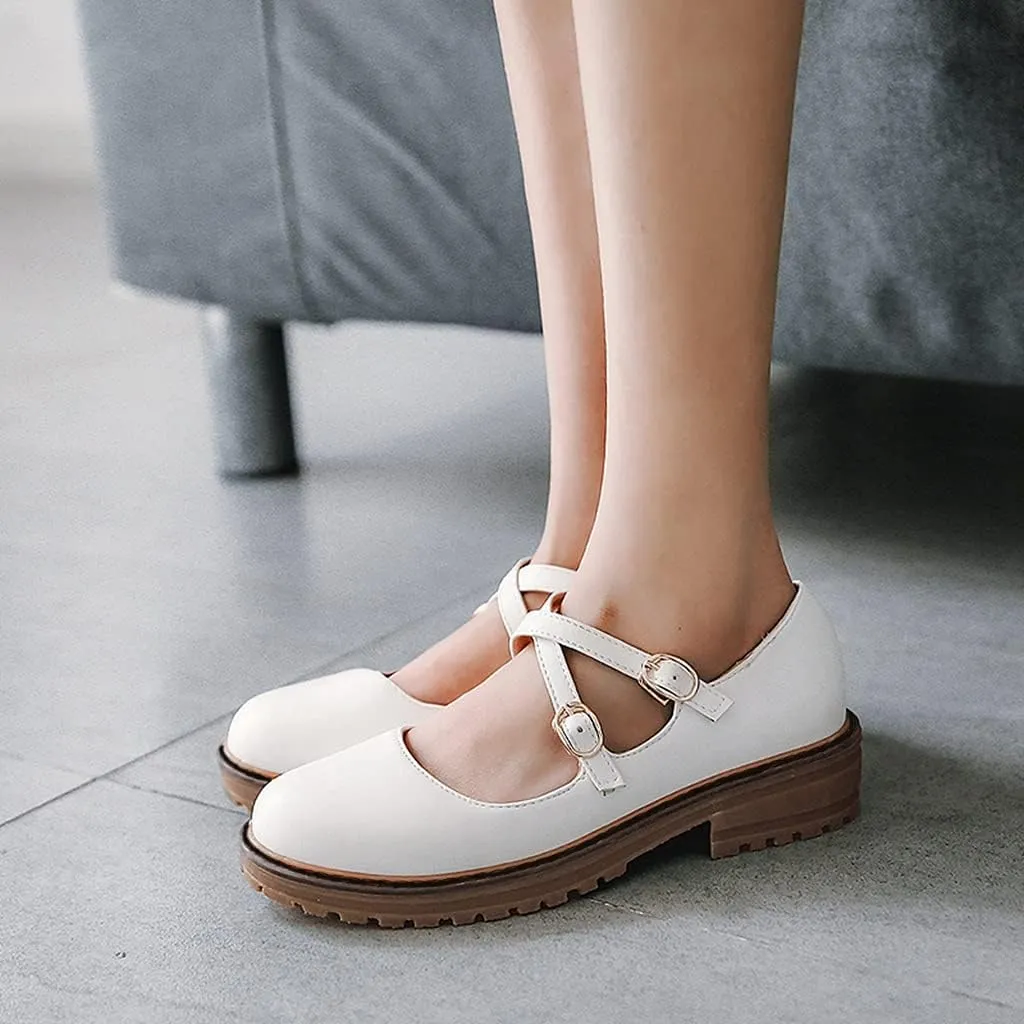 MIOKE Women's Retro Mary Jane Oxford Pumps Round Toe Buckle Cross Strap Comfy Chunky Low Heel Dress Shoes