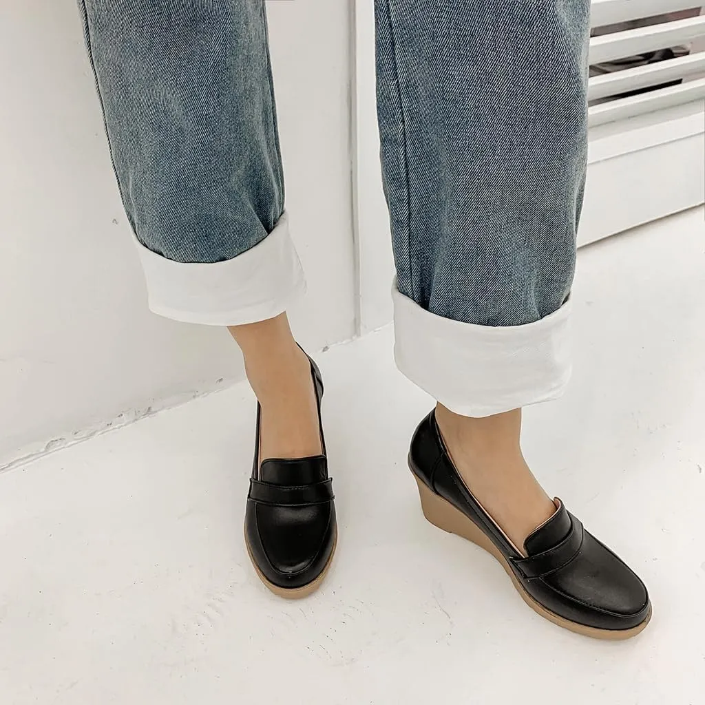 MIOKE Women's Tassel Wedge Oxford Shoes Square Toe Slip On Platform Chunky High Heel Fringed Casual Loafers