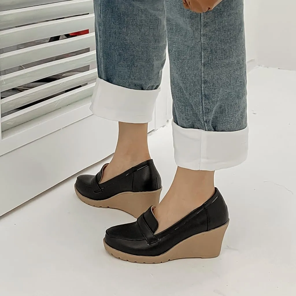 MIOKE Women's Tassel Wedge Oxford Shoes Square Toe Slip On Platform Chunky High Heel Fringed Casual Loafers
