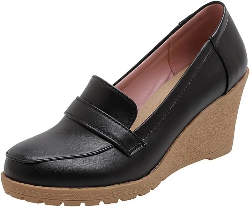 MIOKE Women's Tassel Wedge Oxford Shoes Square Toe Slip On Platform Chunky High Heel Fringed Casual Loafers
