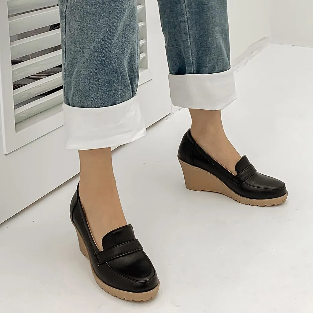 MIOKE Women's Tassel Wedge Oxford Shoes Square Toe Slip On Platform Chunky High Heel Fringed Casual Loafers