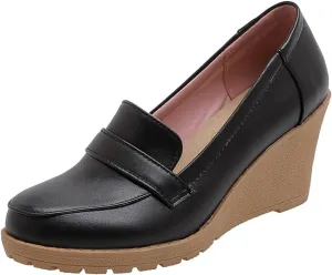 MIOKE Women's Tassel Wedge Oxford Shoes Square Toe Slip On Platform Chunky High Heel Fringed Casual Loafers