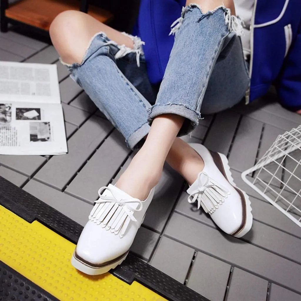 MIOKE Women's Tassel Wedge Oxford Shoes Square Toe Slip On Platform Chunky High Heel Fringed Casual Loafers