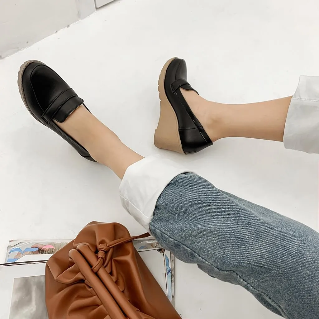 MIOKE Women's Tassel Wedge Oxford Shoes Square Toe Slip On Platform Chunky High Heel Fringed Casual Loafers