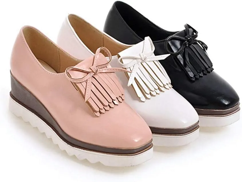 MIOKE Women's Tassel Wedge Oxford Shoes Square Toe Slip On Platform Chunky High Heel Fringed Casual Loafers