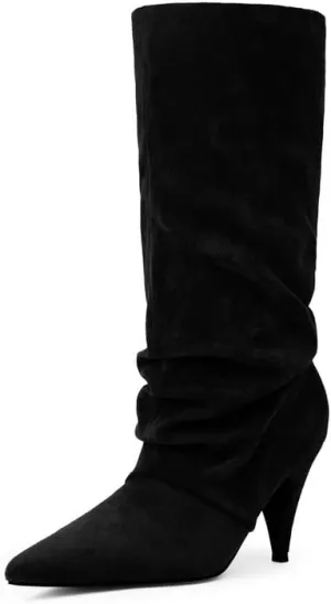 Modatope Slouchy Mid Calf Boots for Women Pointed Toe Chunky Heel Boots Faux Flod Over Slip on Womens Boots
