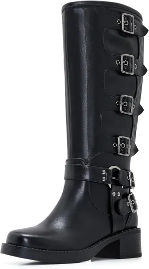 Moto Boots Women Wide Calf Buckle Biker Chunky Knee High Zipper Square Toe Motorcycle Boot