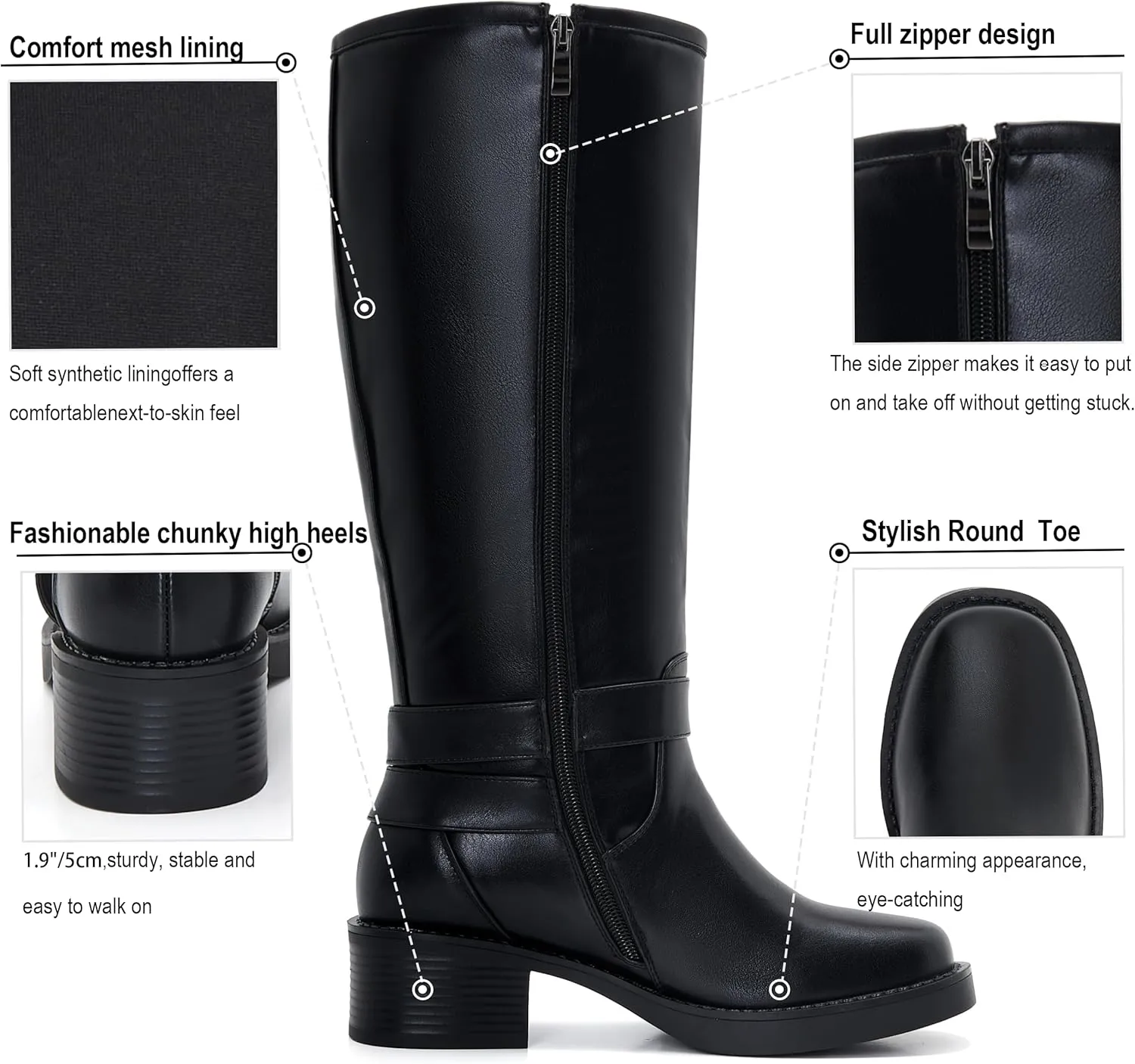 Moto Boots Women Wide Calf Buckle Biker Chunky Knee High Zipper Square Toe Motorcycle Boot