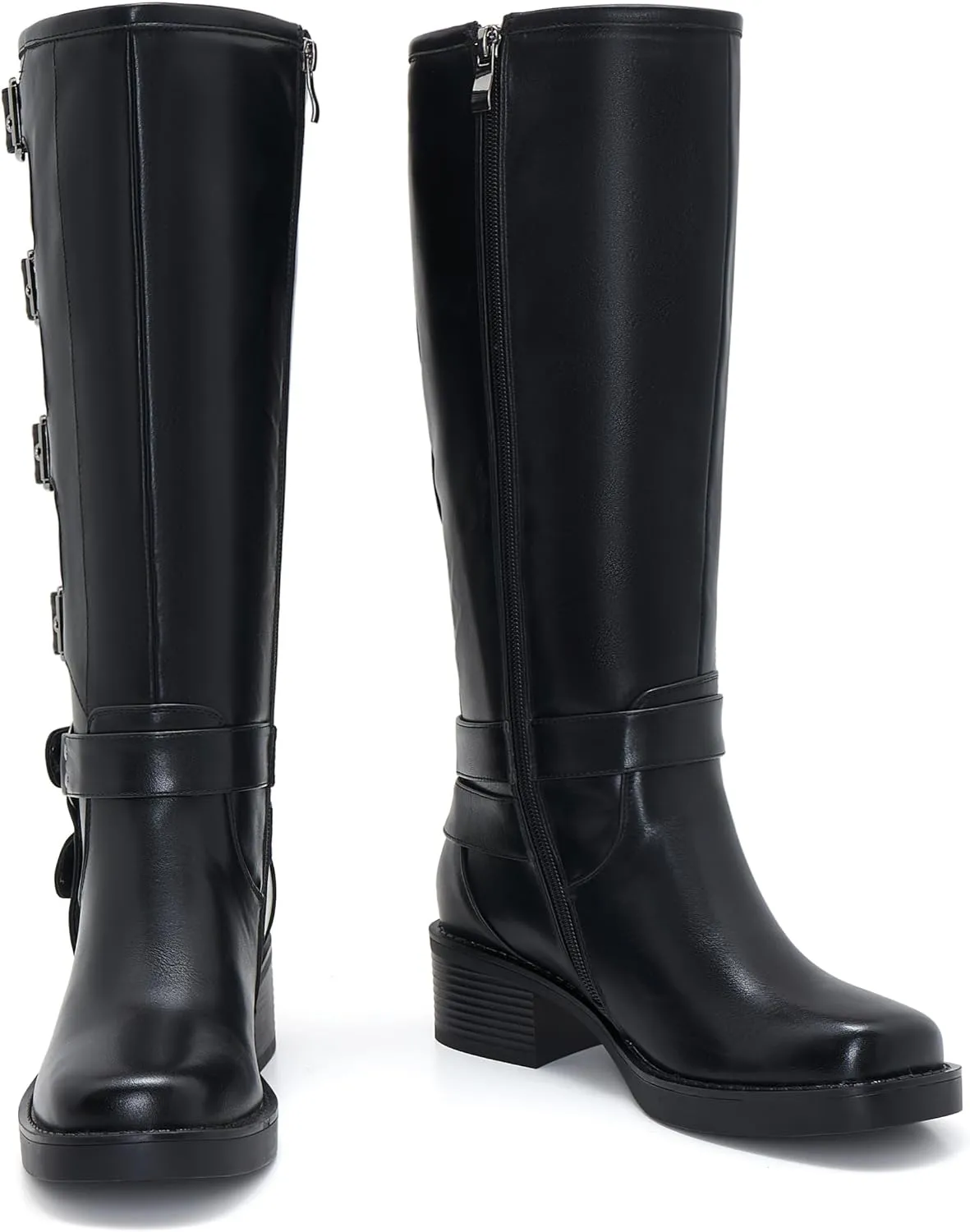 Moto Boots Women Wide Calf Buckle Biker Chunky Knee High Zipper Square Toe Motorcycle Boot