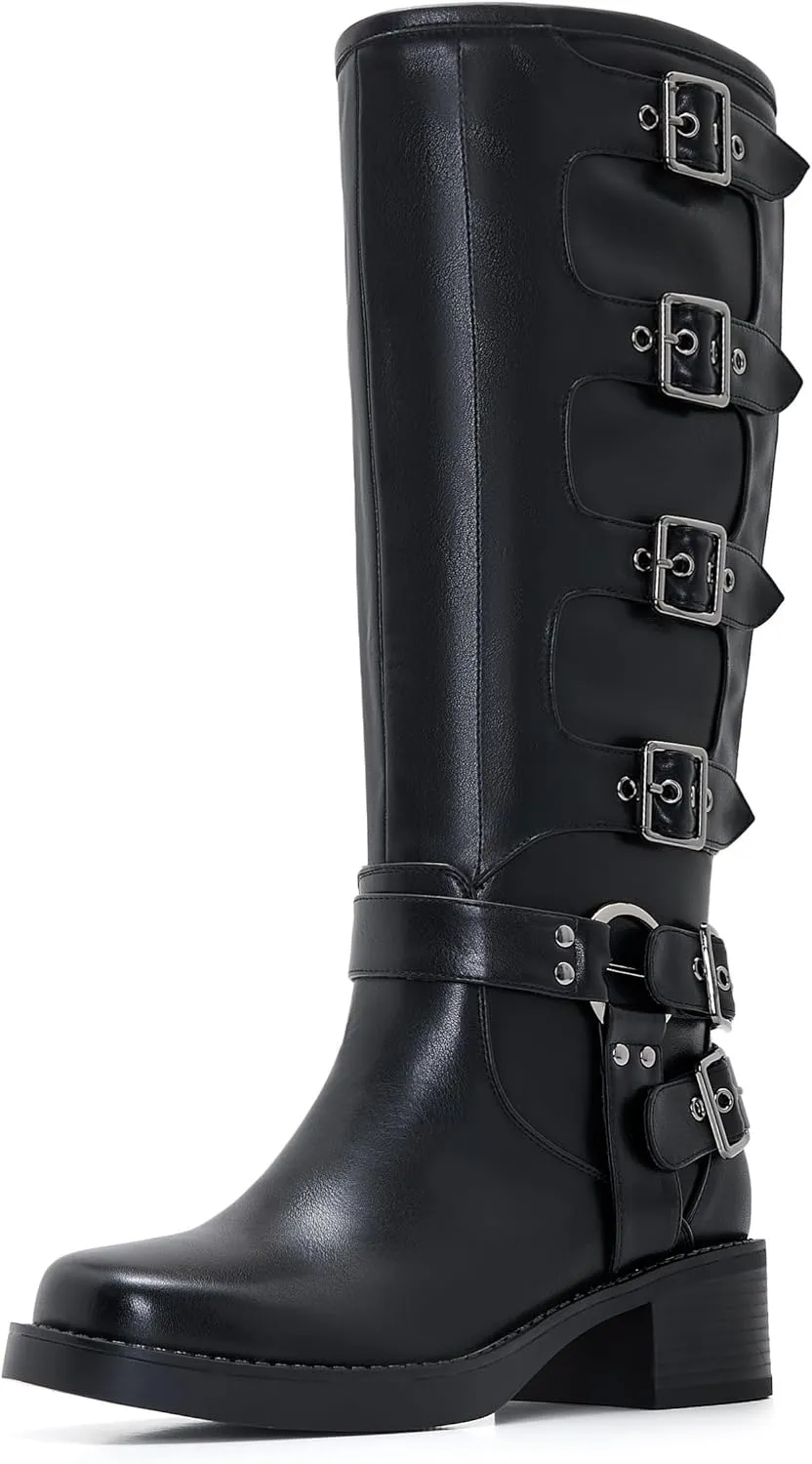 Moto Boots Women Wide Calf Buckle Biker Chunky Knee High Zipper Square Toe Motorcycle Boot