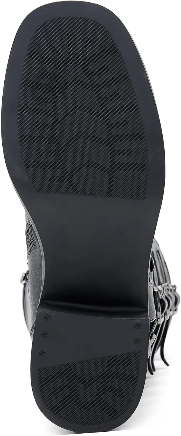 Moto Boots Women Wide Calf Buckle Biker Chunky Knee High Zipper Square Toe Motorcycle Boot