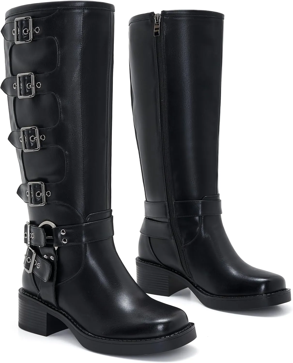 Moto Boots Women Wide Calf Buckle Biker Chunky Knee High Zipper Square Toe Motorcycle Boot