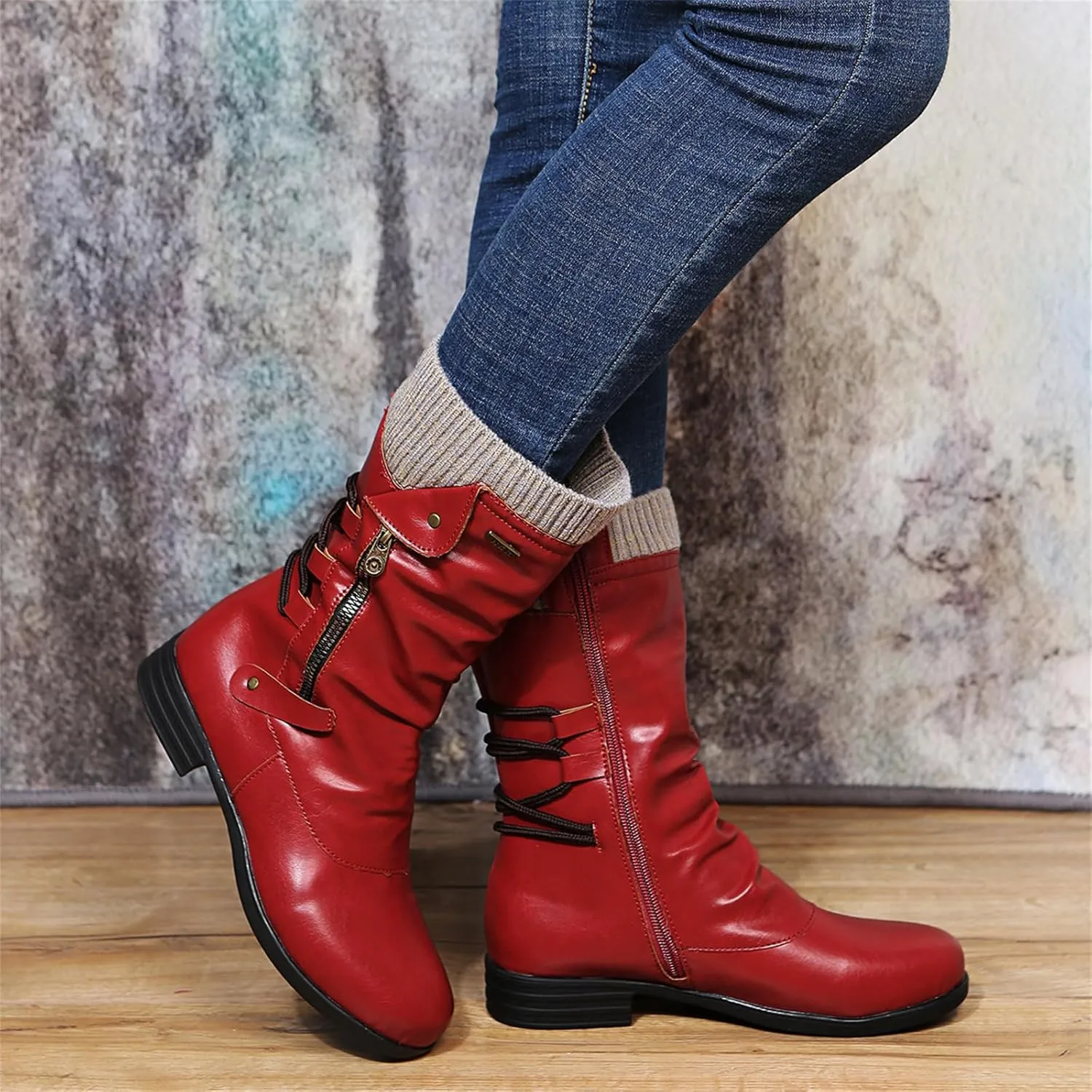 Motorcycle Boots Women Riding Combat Mid-Calf Boots Side Zipper Military Shoes Low Heel Biker Western Ankle Booties