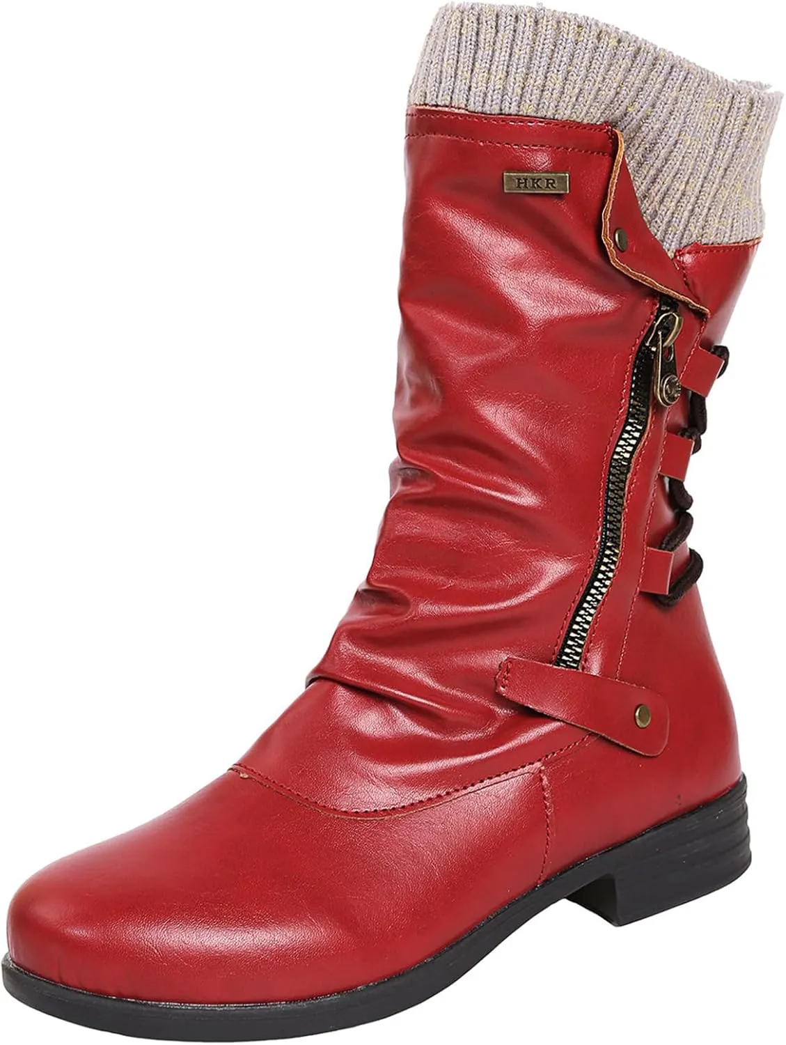 Motorcycle Boots Women Riding Combat Mid-Calf Boots Side Zipper Military Shoes Low Heel Biker Western Ankle Booties