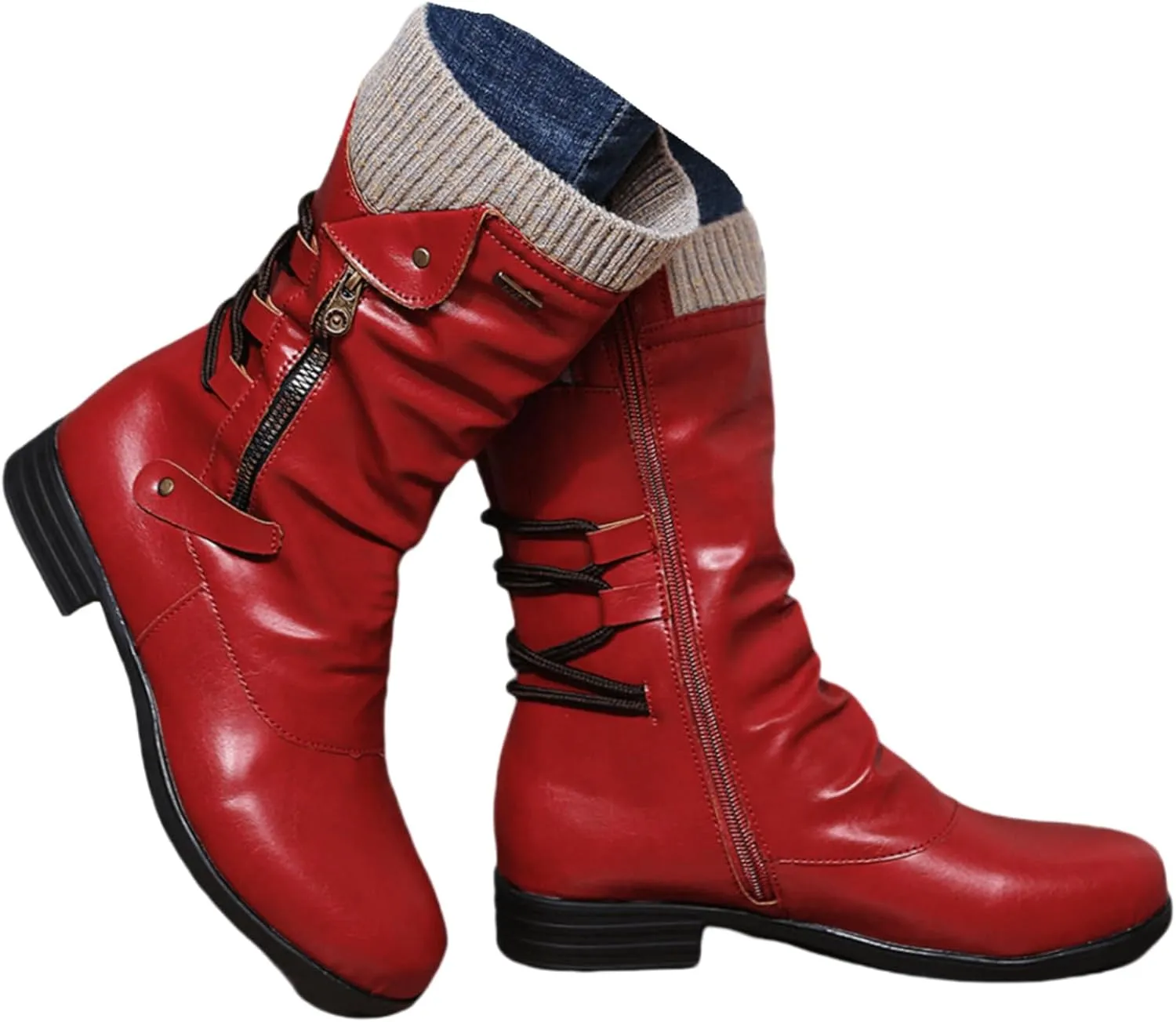 Motorcycle Boots Women Riding Combat Mid-Calf Boots Side Zipper Military Shoes Low Heel Biker Western Ankle Booties