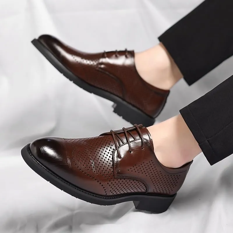 New Dress Shoes for Men Lace Up Round Burnished Toe Breathable PU Leather Derby Shoes Resistant Non Slip Block Heel Anti-Slip Business