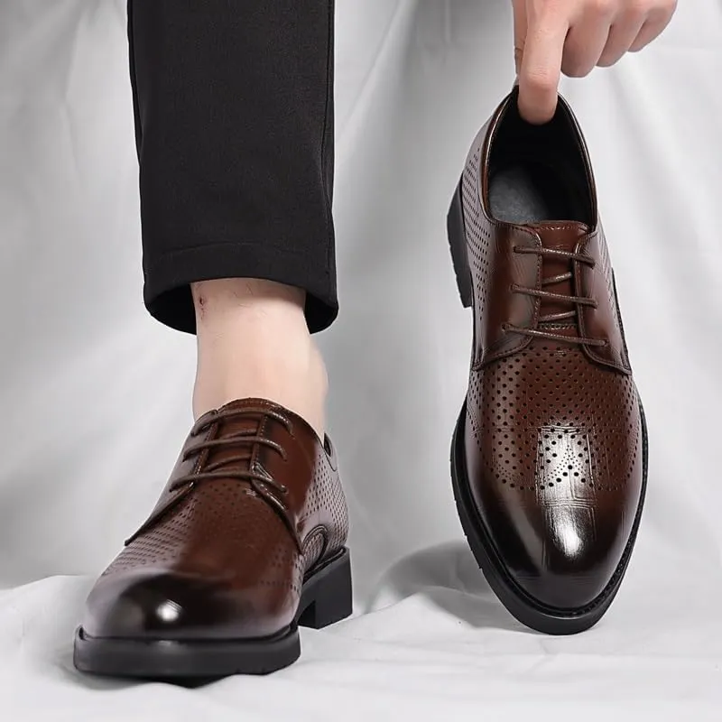 New Dress Shoes for Men Lace Up Round Burnished Toe Breathable PU Leather Derby Shoes Resistant Non Slip Block Heel Anti-Slip Business