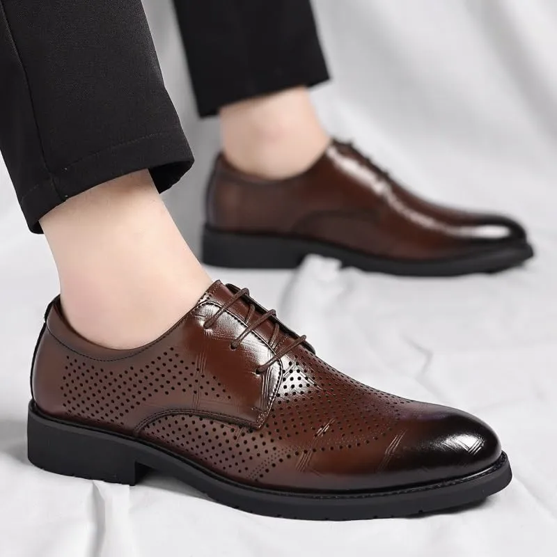 New Dress Shoes for Men Lace Up Round Burnished Toe Breathable PU Leather Derby Shoes Resistant Non Slip Block Heel Anti-Slip Business