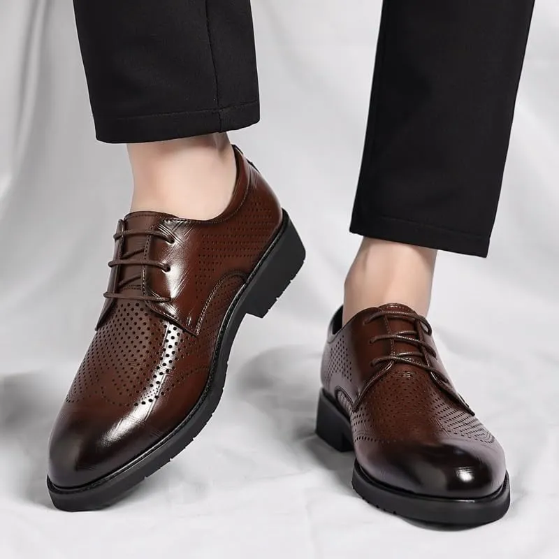 New Dress Shoes for Men Lace Up Round Burnished Toe Breathable PU Leather Derby Shoes Resistant Non Slip Block Heel Anti-Slip Business