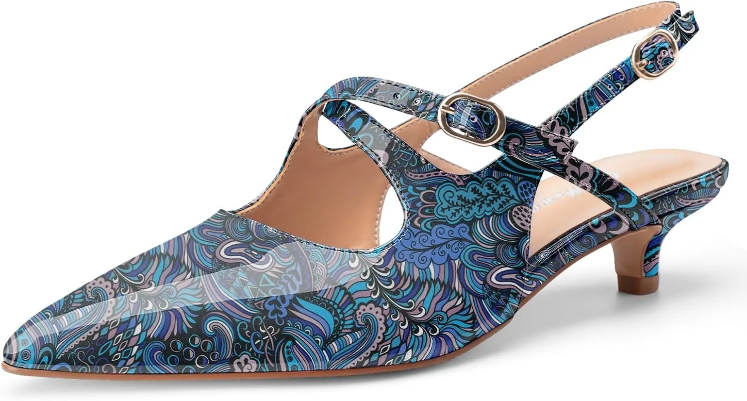 Oh Mispares Pointed Toe Kitten Heels for Women Slingbacks Low Heel Dressy Pumps Patent Leather Closed Toe Cross Strap Slingback Dress Shoes