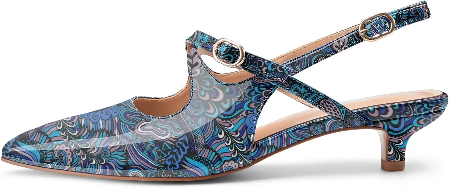 Oh Mispares Pointed Toe Kitten Heels for Women Slingbacks Low Heel Dressy Pumps Patent Leather Closed Toe Cross Strap Slingback Dress Shoes