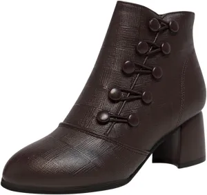 oiangi Vintage Ankle Boots for Women Chunky Heel Round Toe Side Zipper Block Mid Heel Booties Solid Color Retro Casual Comfy Outdoor Ladies Shoes