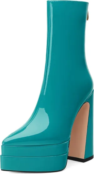 Platform Mid Calf Boots for Women Chunky High Heel Pointed Toe Boots Patent Side Zipper Short Boots