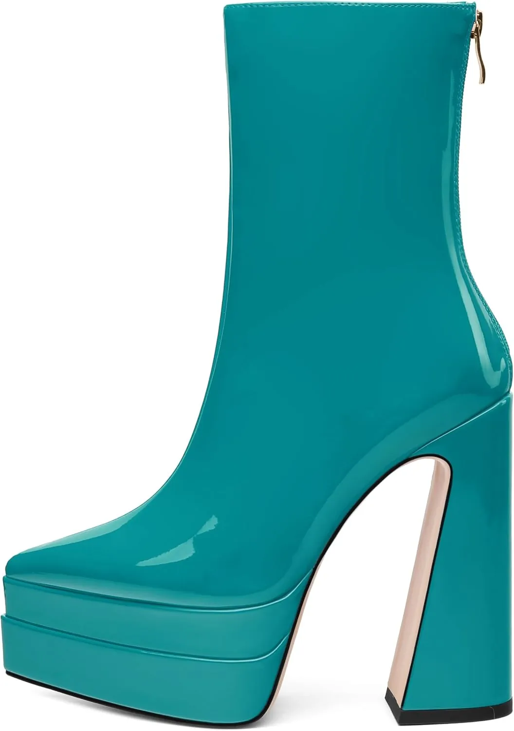Platform Mid Calf Boots for Women Chunky High Heel Pointed Toe Boots Patent Side Zipper Short Boots