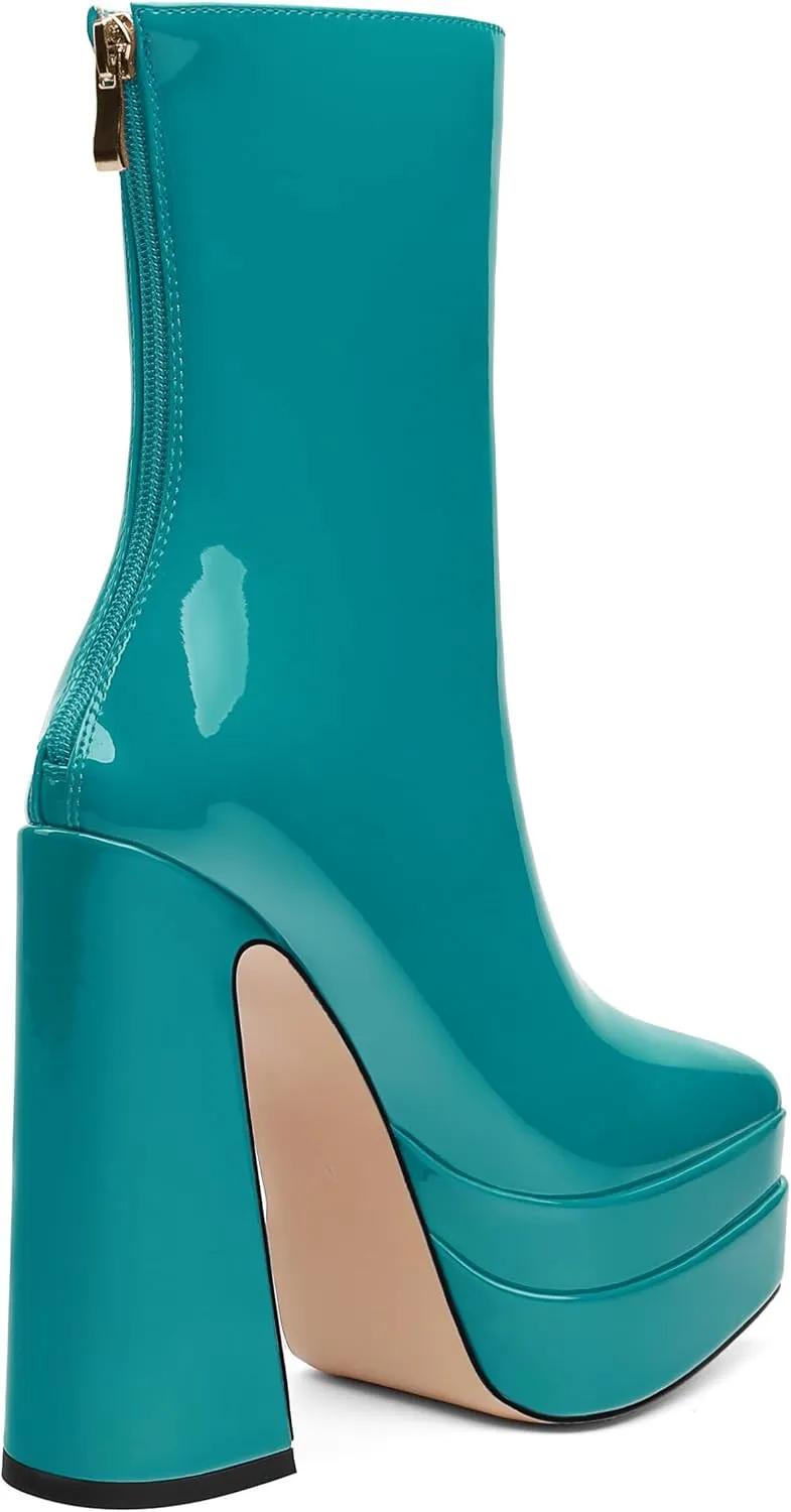 Platform Mid Calf Boots for Women Chunky High Heel Pointed Toe Boots Patent Side Zipper Short Boots