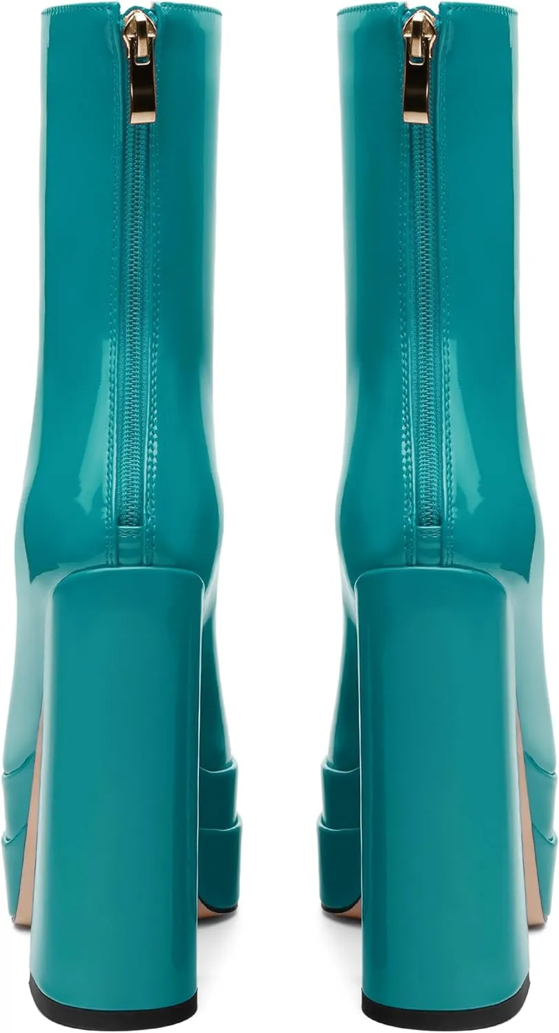 Platform Mid Calf Boots for Women Chunky High Heel Pointed Toe Boots Patent Side Zipper Short Boots