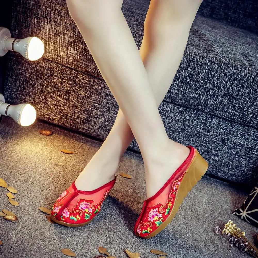 Qhome Women's Chinese Floral Embroidery Net Yarn Silk Comfortable Casual Mules House Wedge Slippers Shoes