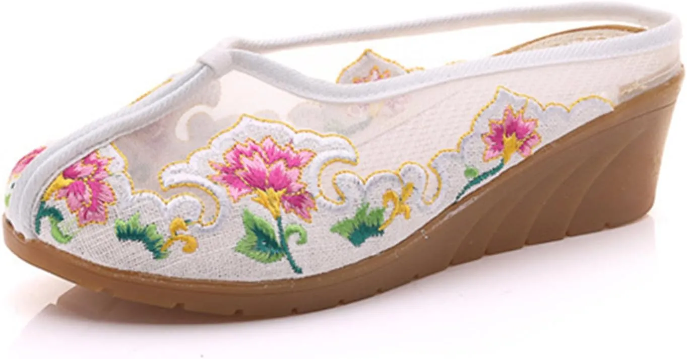 Qhome Women's Chinese Floral Embroidery Net Yarn Silk Comfortable Casual Mules House Wedge Slippers Shoes