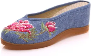 Qhome Women's Chinese Peony Embroidery Comfortable Canvas Casual Mules Wedge Slippers Shoes