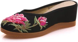 Qhome Women's Chinese Peony Embroidery Comfortable Canvas Casual Mules Wedge Slippers Shoes