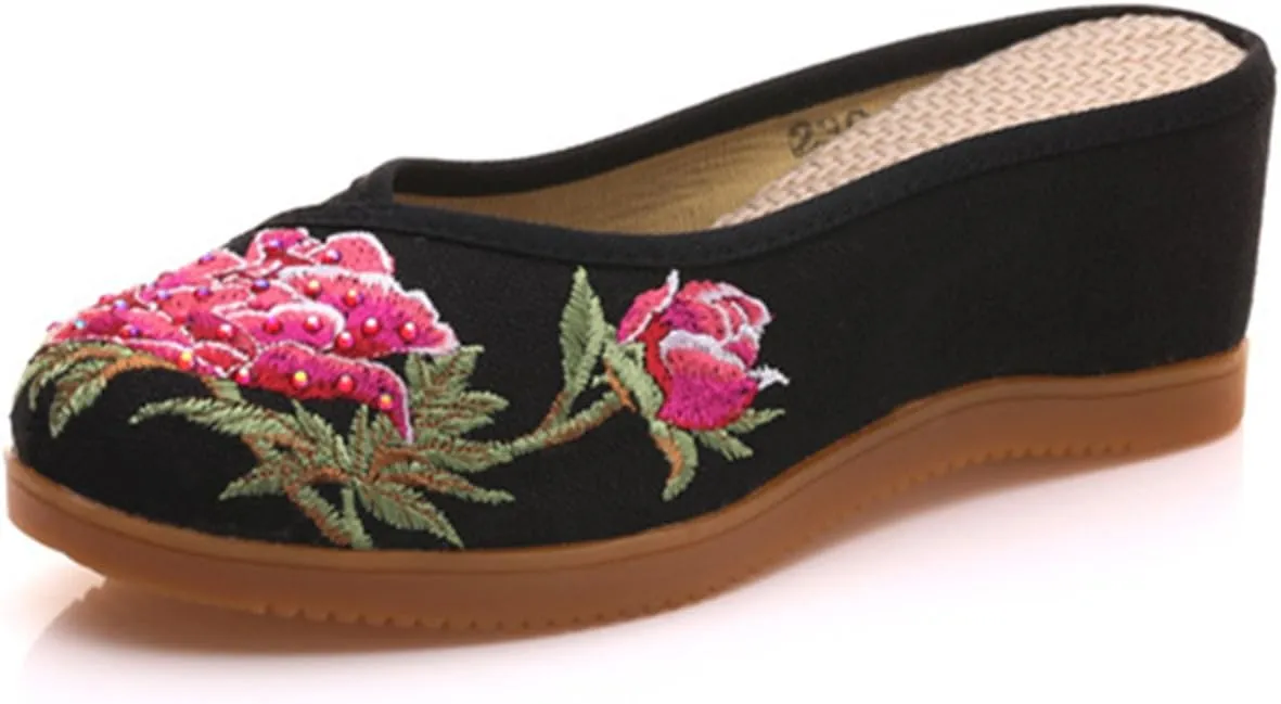 Qhome Women's Chinese Peony Embroidery Comfortable Canvas Casual Mules Wedge Slippers Shoes