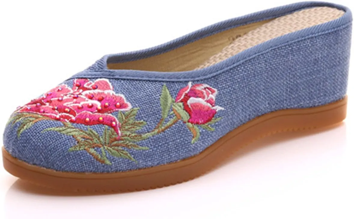 Qhome Women's Chinese Peony Embroidery Comfortable Canvas Casual Mules Wedge Slippers Shoes