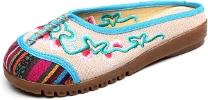 Qhome Women's Floral Embroidery Comfortable Casual Canvas Mules House Slippers Linen Shoes
