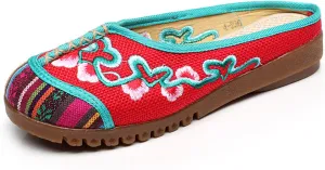 Qhome Women's Floral Embroidery Comfortable Casual Canvas Mules House Slippers Linen Shoes