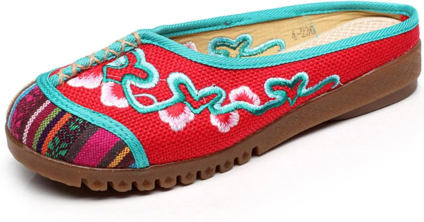 Qhome Women's Floral Embroidery Comfortable Casual Canvas Mules House Slippers Linen Shoes