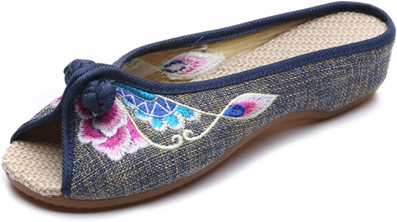 Qhome Women's Floral Embroidery Comfortable Casual Canvas Mules House Slippers Shoes