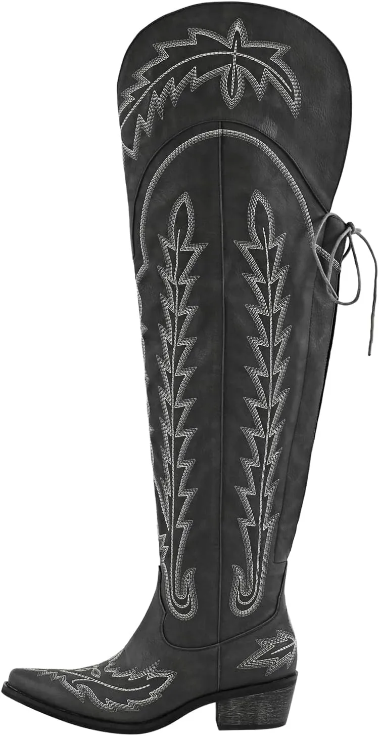 richealnini Women's Embroidery Western Cowboy Boots with Zippers Adjustable Lace Up Wide Calf Over Knee High Boots