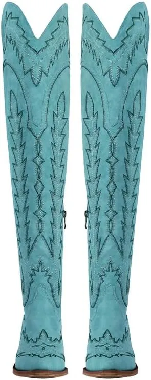 richealnini Women's Embroidery Western Cowboy Boots with Zippers Adjustable Lace Up Wide Calf Over Knee High Boots