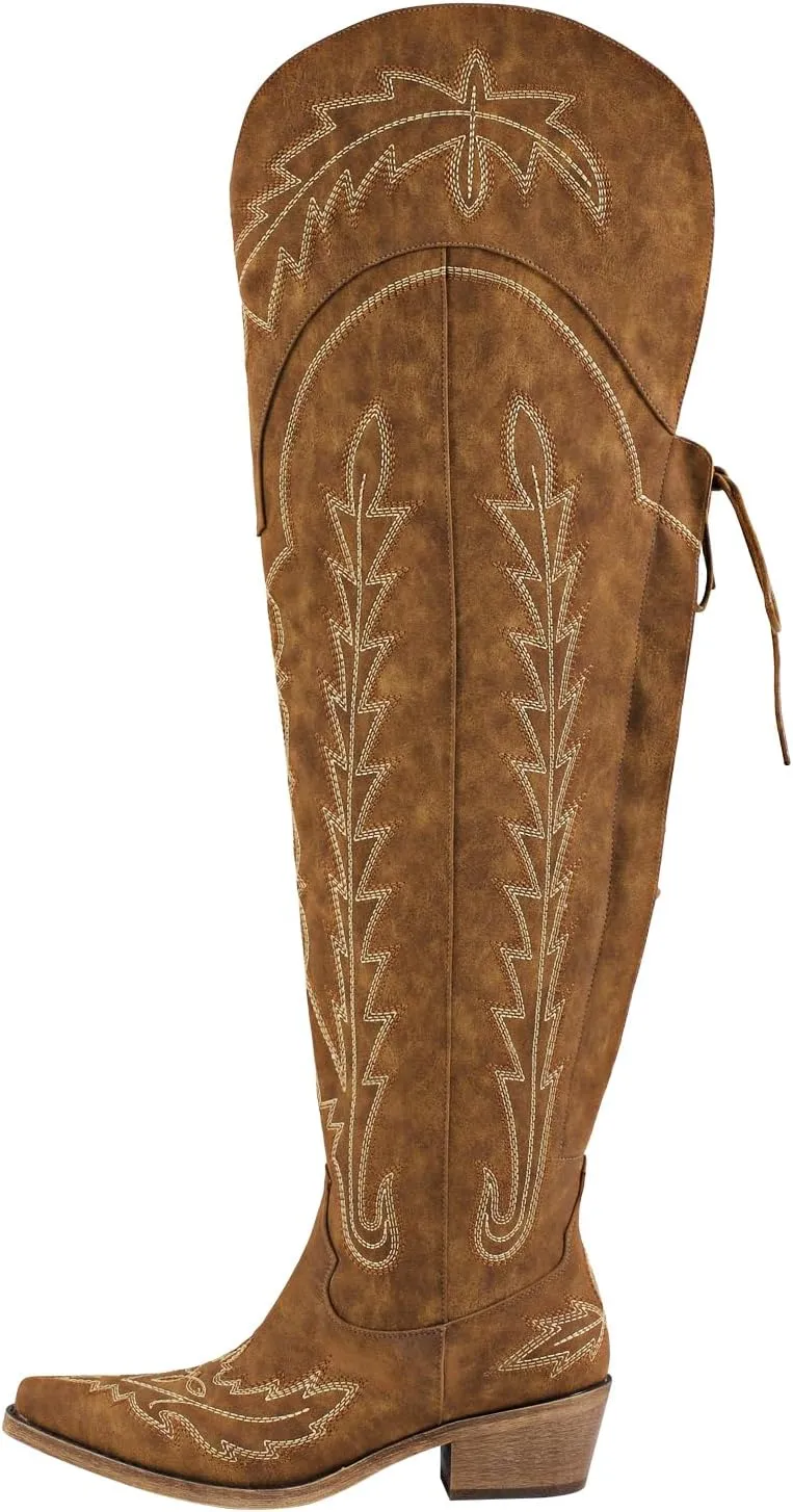 richealnini Women's Embroidery Western Cowboy Boots with Zippers Adjustable Lace Up Wide Calf Over Knee High Boots