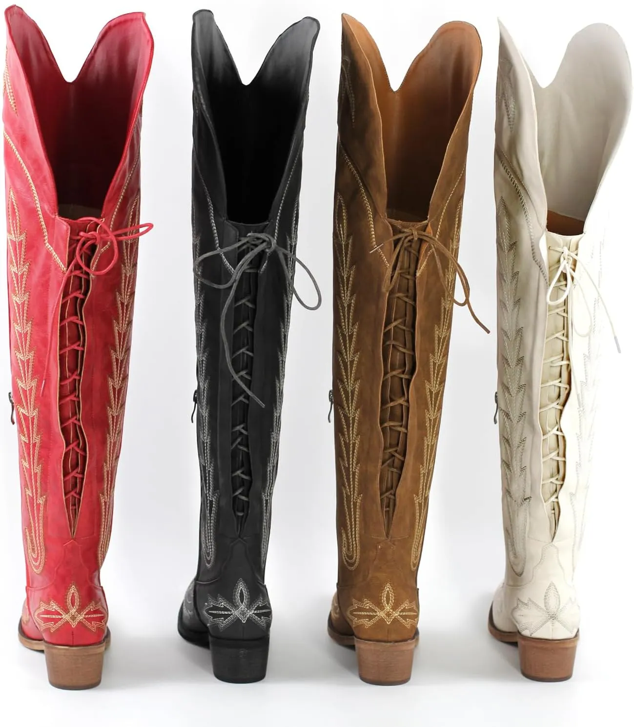 richealnini Women's Embroidery Western Cowboy Boots with Zippers Adjustable Lace Up Wide Calf Over Knee High Boots