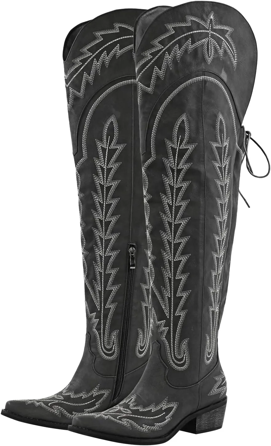 richealnini Women's Embroidery Western Cowboy Boots with Zippers Adjustable Lace Up Wide Calf Over Knee High Boots