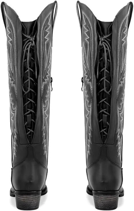 richealnini Women's Embroidery Western Cowboy Boots with Zippers Adjustable Lace Up Wide Calf Over Knee High Boots